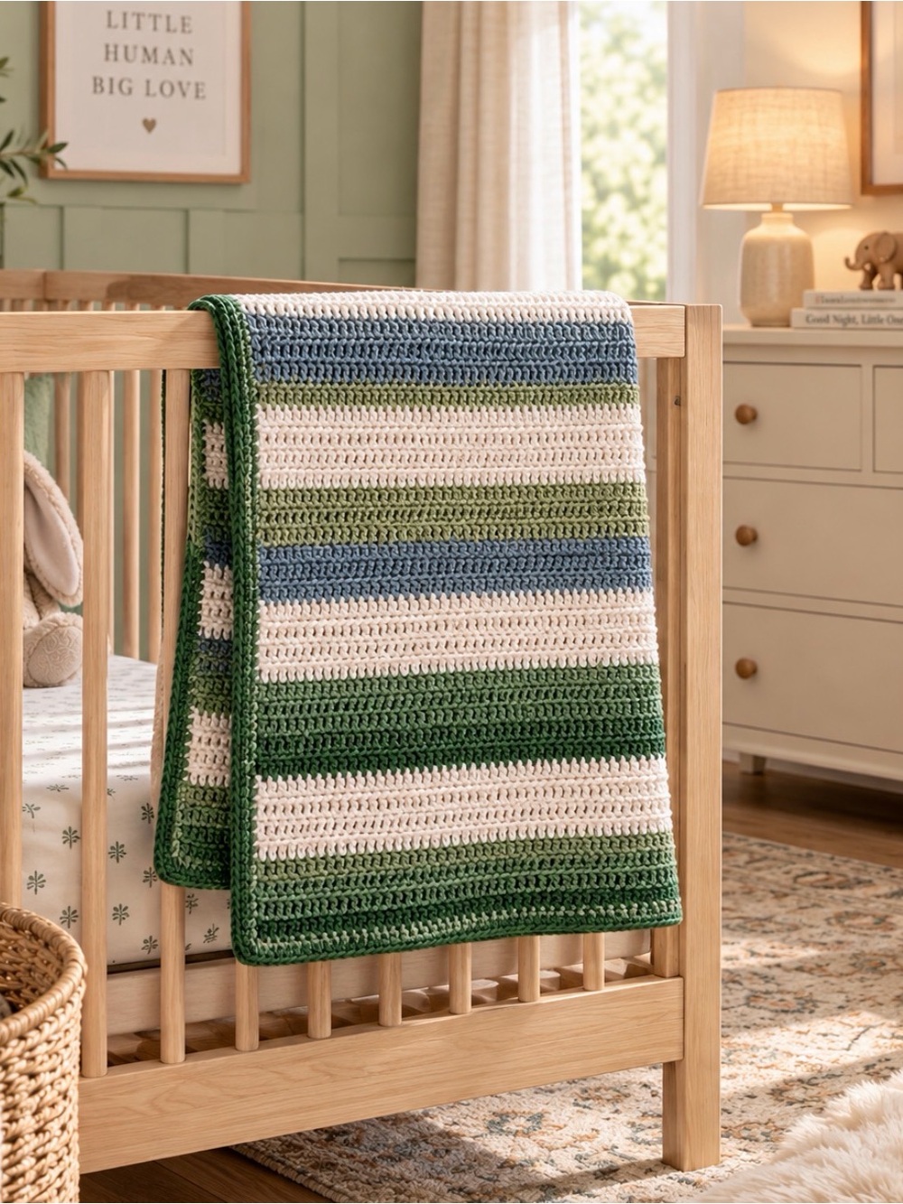 Handmade Crochet Baby Blanket Green Blue Cream Striped Nursery